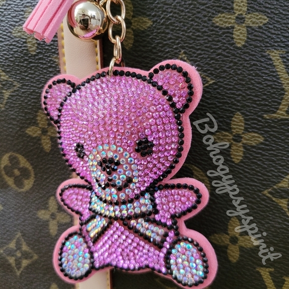 Bling Teddy Bear Crystal Rhinestone Keychain Bag Charm With Pink Tassel - Picture 11 of 12